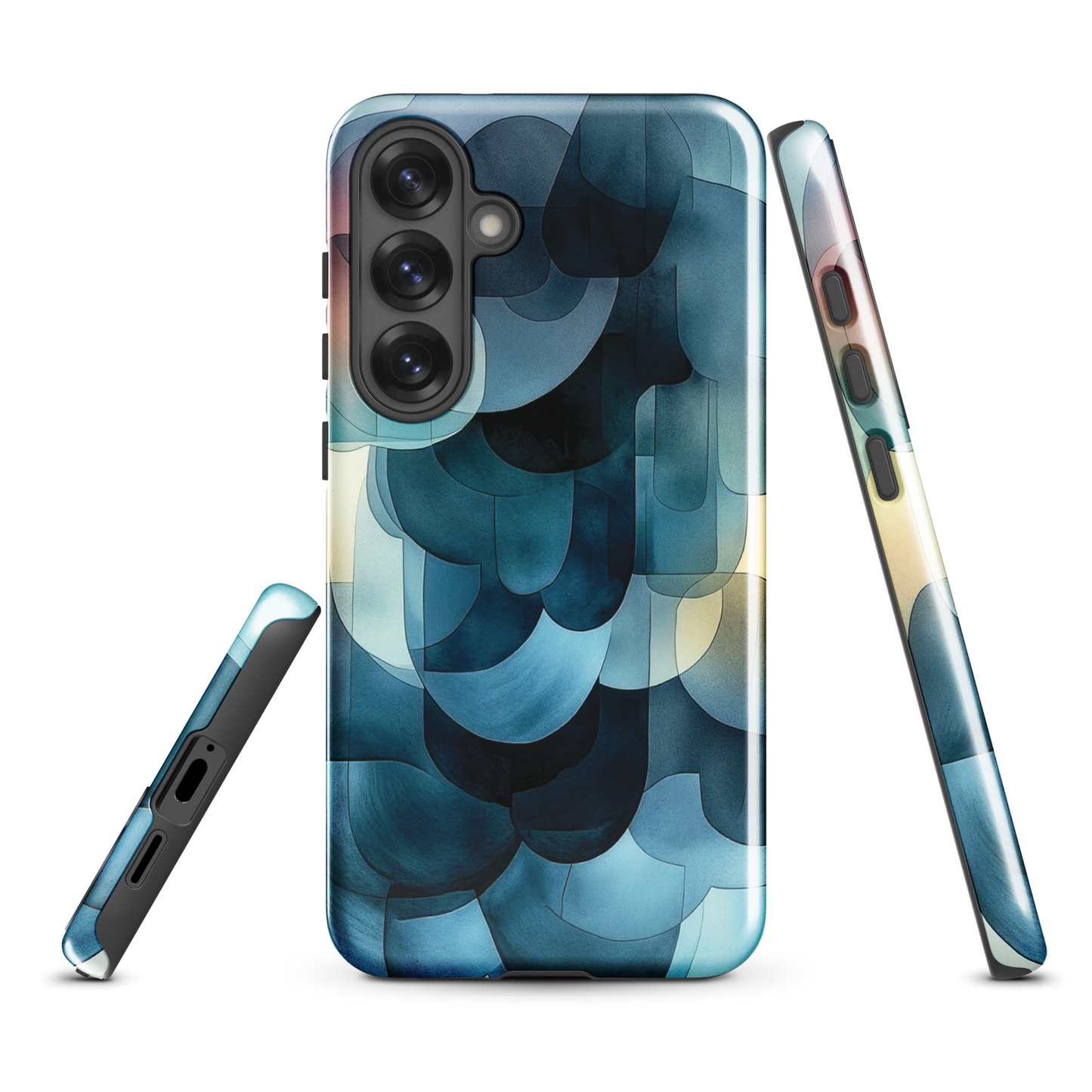 A modern abstract phone case featuring layered blue forms and soft flowing shapes.