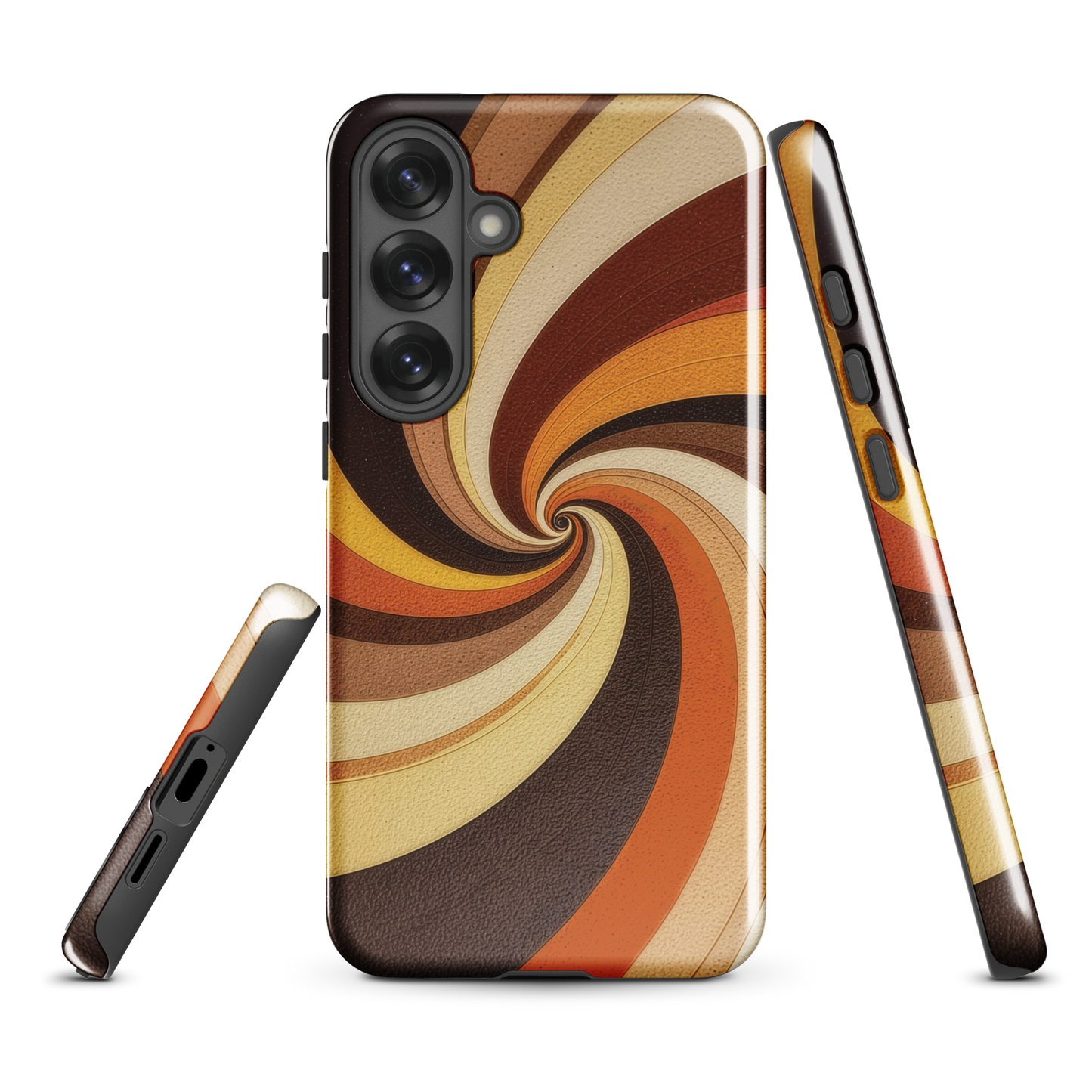 A retro-inspired phone case featuring warm swirling patterns in orange, yellow, and brown tones.