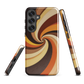 A retro-inspired phone case featuring warm swirling patterns in orange, yellow, and brown tones.