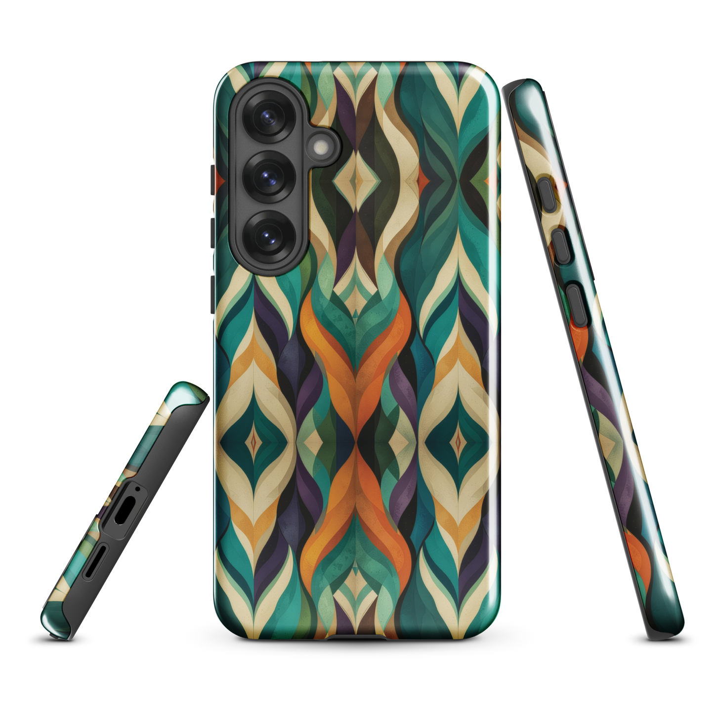 A bold geometric phone case featuring layered shapes in rich, earthy tones.