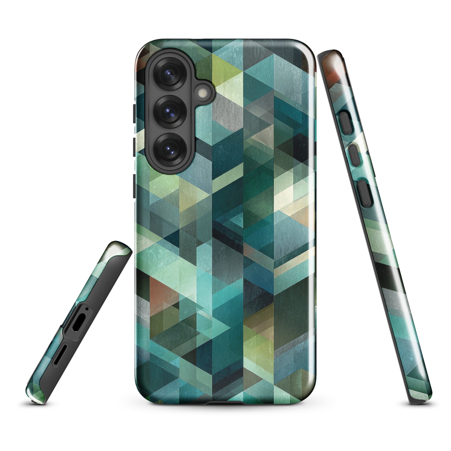 Modern abstract geometric phone case in teal and blue tones with layered retro-inspired shapes.
