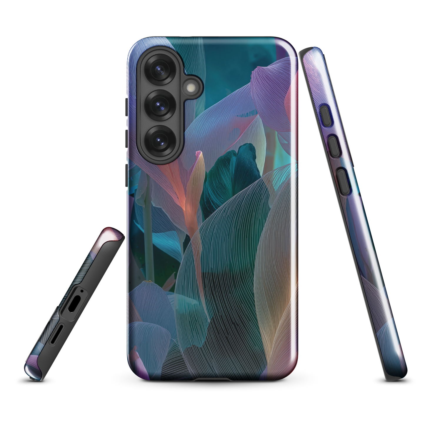 Ethereal abstract floral designer phone case in pastel pink, lilac and teal tones