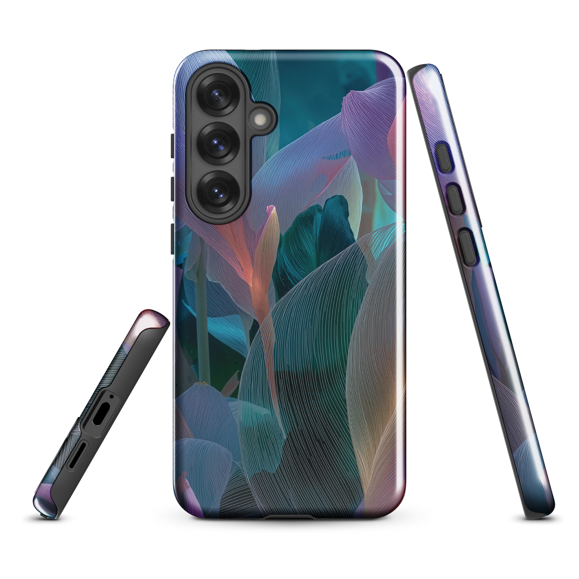 Ethereal abstract floral designer phone case in pastel pink, lilac and teal tones