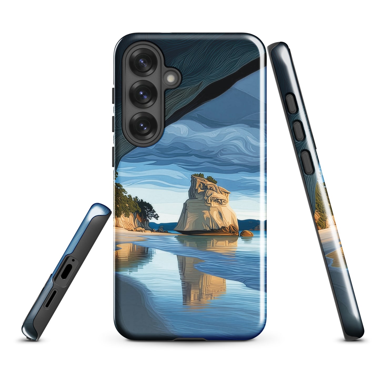 Artistic Cathedral Cove coastal designer phone case with arch rock, blue ocean and golden cliffs