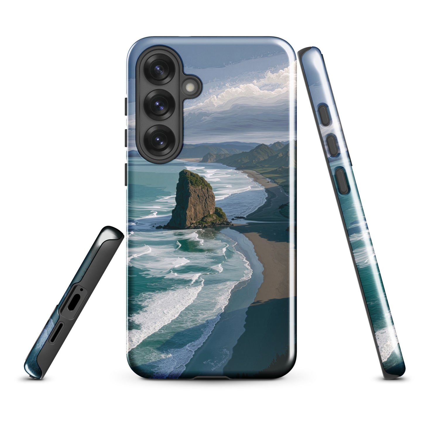 Piha Beach Lion Rock designer phone case with turquoise waves and dramatic NZ coastline