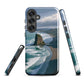 Piha Beach Lion Rock designer phone case with turquoise waves and dramatic NZ coastline