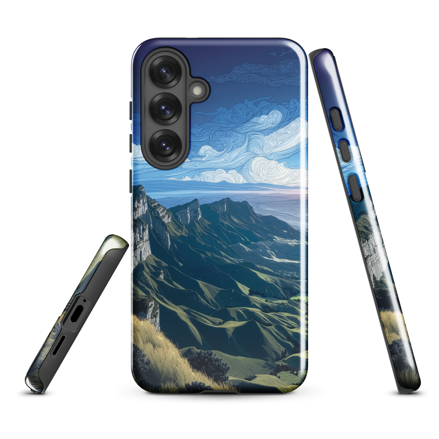 Te Mata Peak designer phone case with Hawke’s Bay cliffs, rolling green hills and dramatic swirling sky