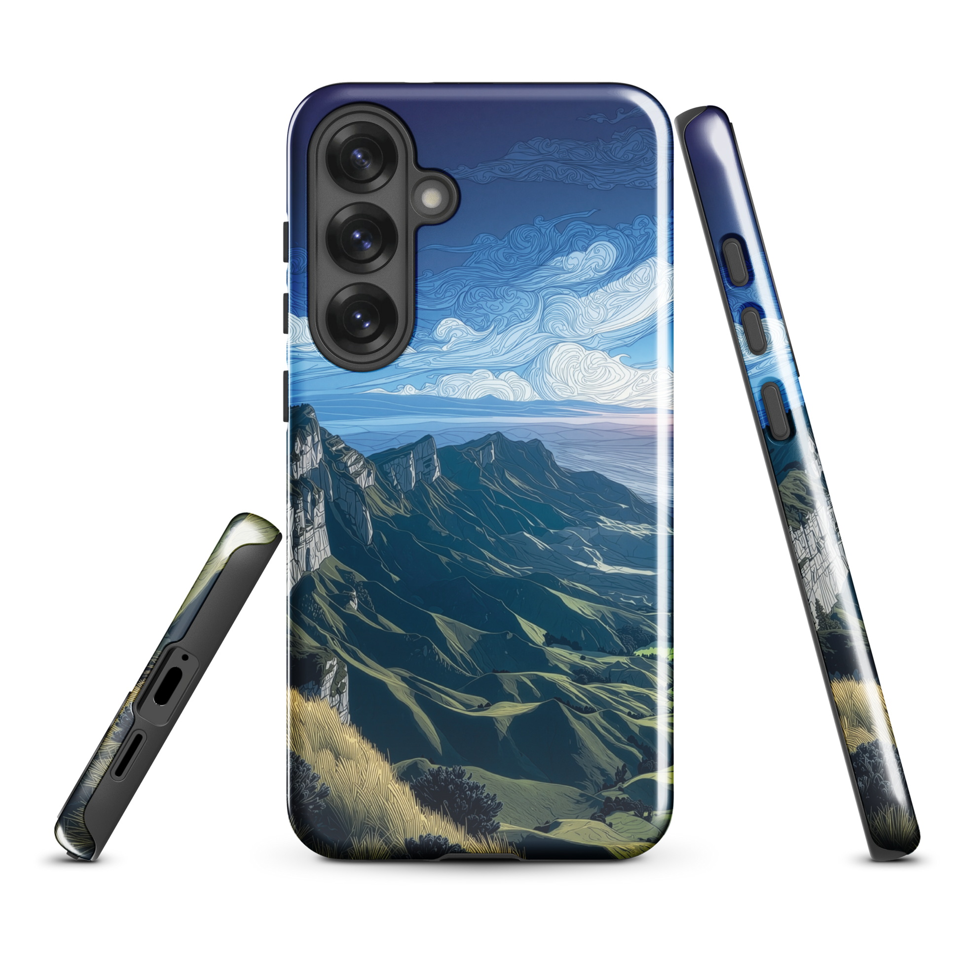 Te Mata Peak designer phone case with Hawke’s Bay cliffs, rolling green hills and dramatic swirling sky