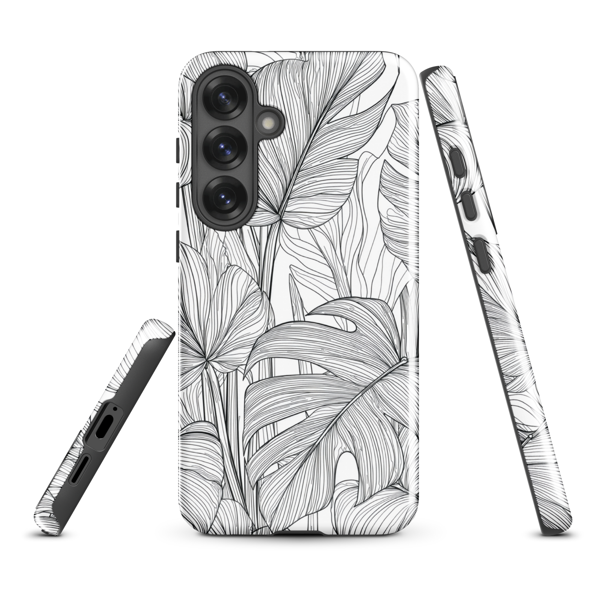 Minimal black and white tropical leaf designer phone case with detailed botanical line art