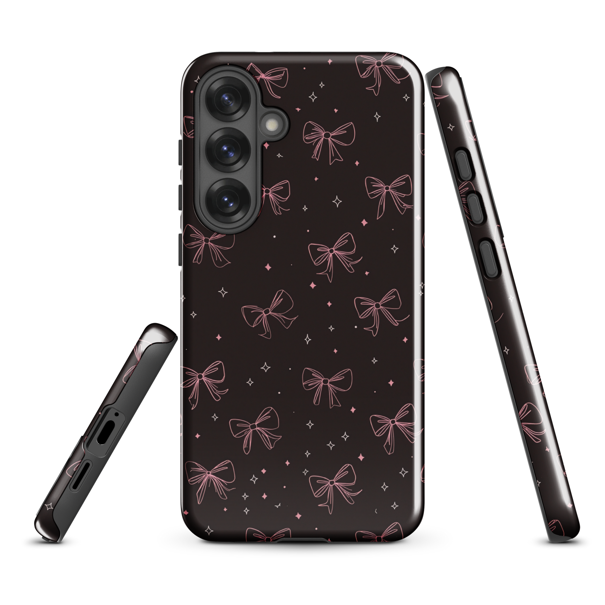 Midnight Bow seamless repeat pattern — pink hand-drawn ribbon bows and sparkle stars on a black background