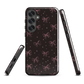 Midnight Bow seamless repeat pattern — pink hand-drawn ribbon bows and sparkle stars on a black background