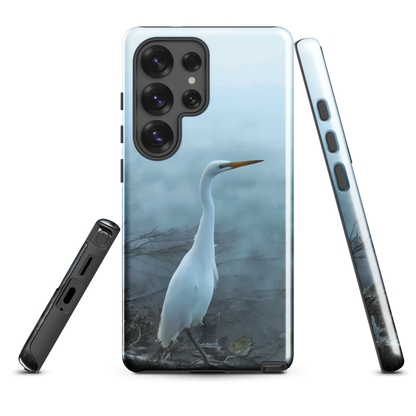 'White Heron in the mist' Samsung Galaxy S25 Ultra tough phone case - protective glossy case NZ Australia