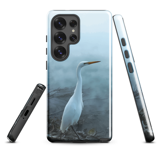 'White Heron in the mist' Samsung Galaxy S25 Ultra tough phone case - protective glossy case NZ Australia
