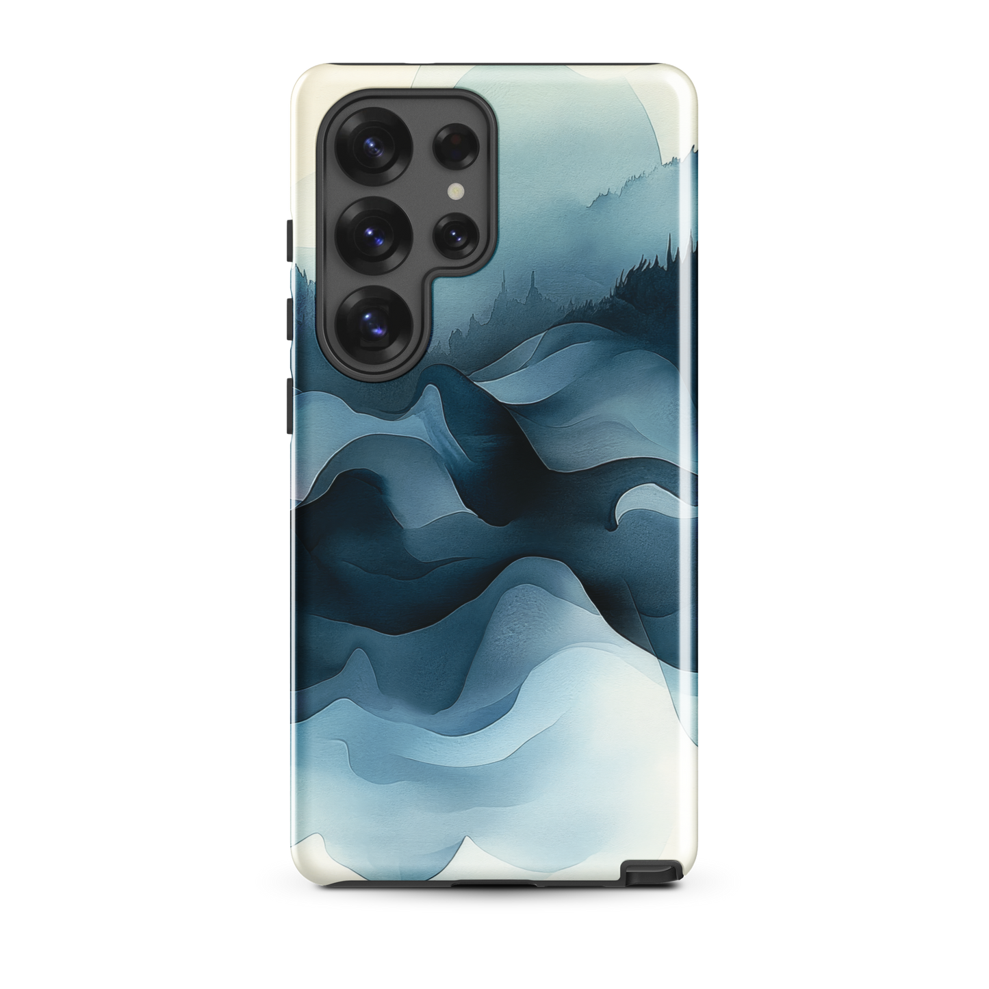 A calming abstract landscape phone case inspired by quiet valleys and soft blue tones.
