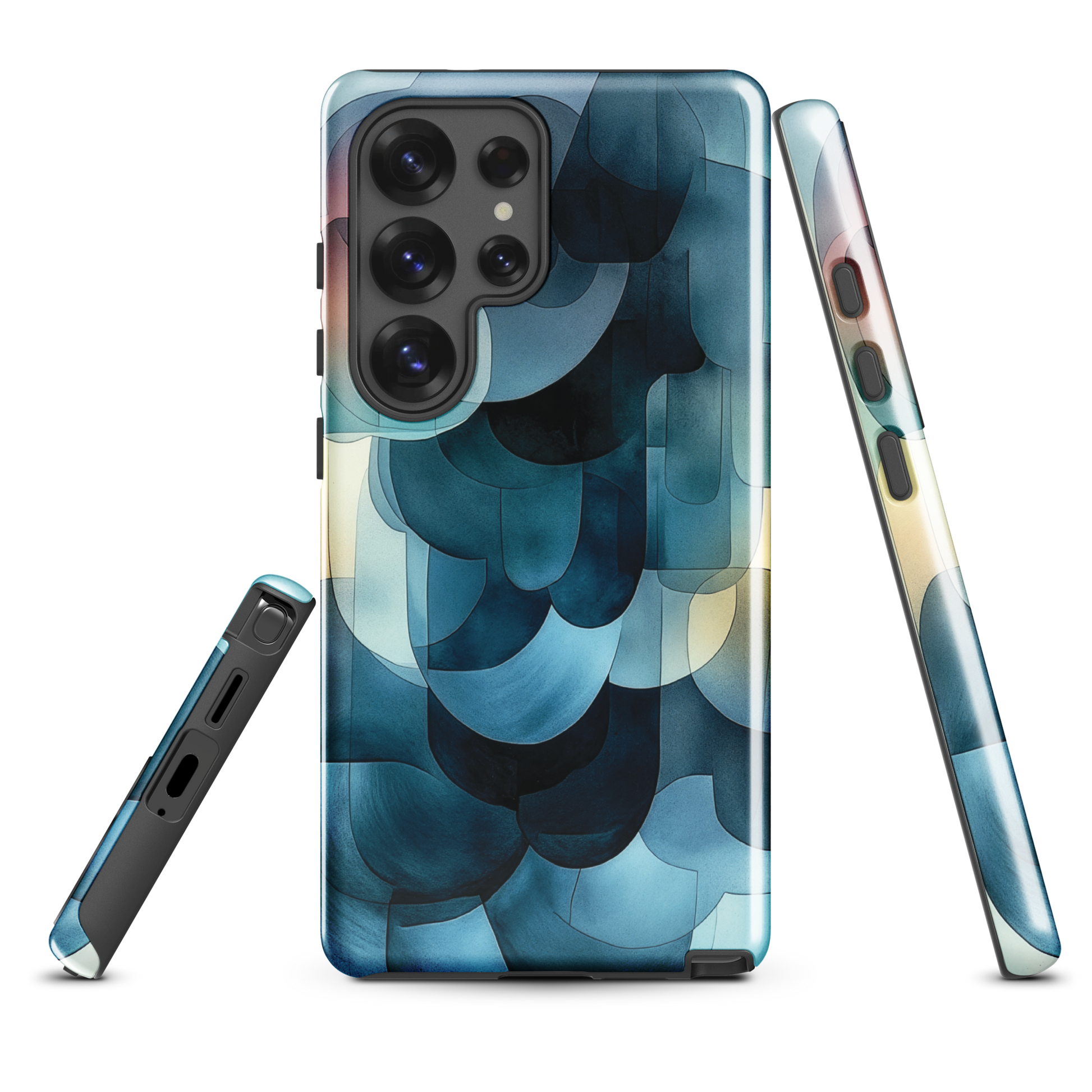 A modern abstract phone case featuring layered blue forms and soft flowing shapes.
