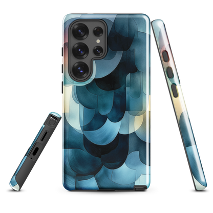 A modern abstract phone case featuring layered blue forms and soft flowing shapes.