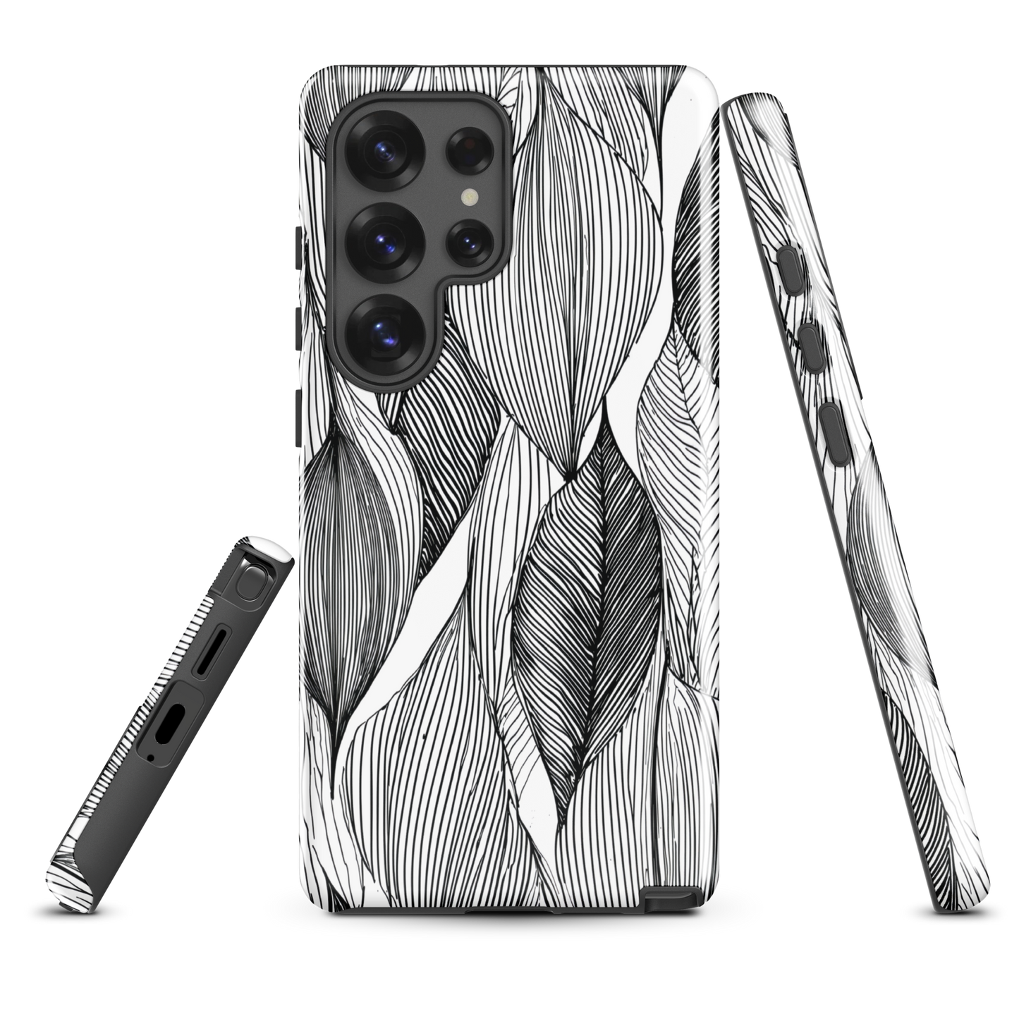 A minimalist phone case featuring fine black botanical linework in a repeating leaf pattern.