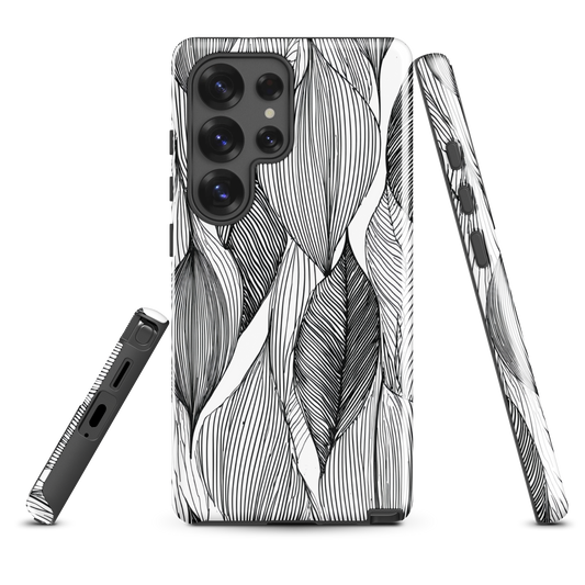 A minimalist phone case featuring fine black botanical linework in a repeating leaf pattern.