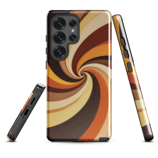 A retro-inspired phone case featuring warm swirling patterns in orange, yellow, and brown tones.