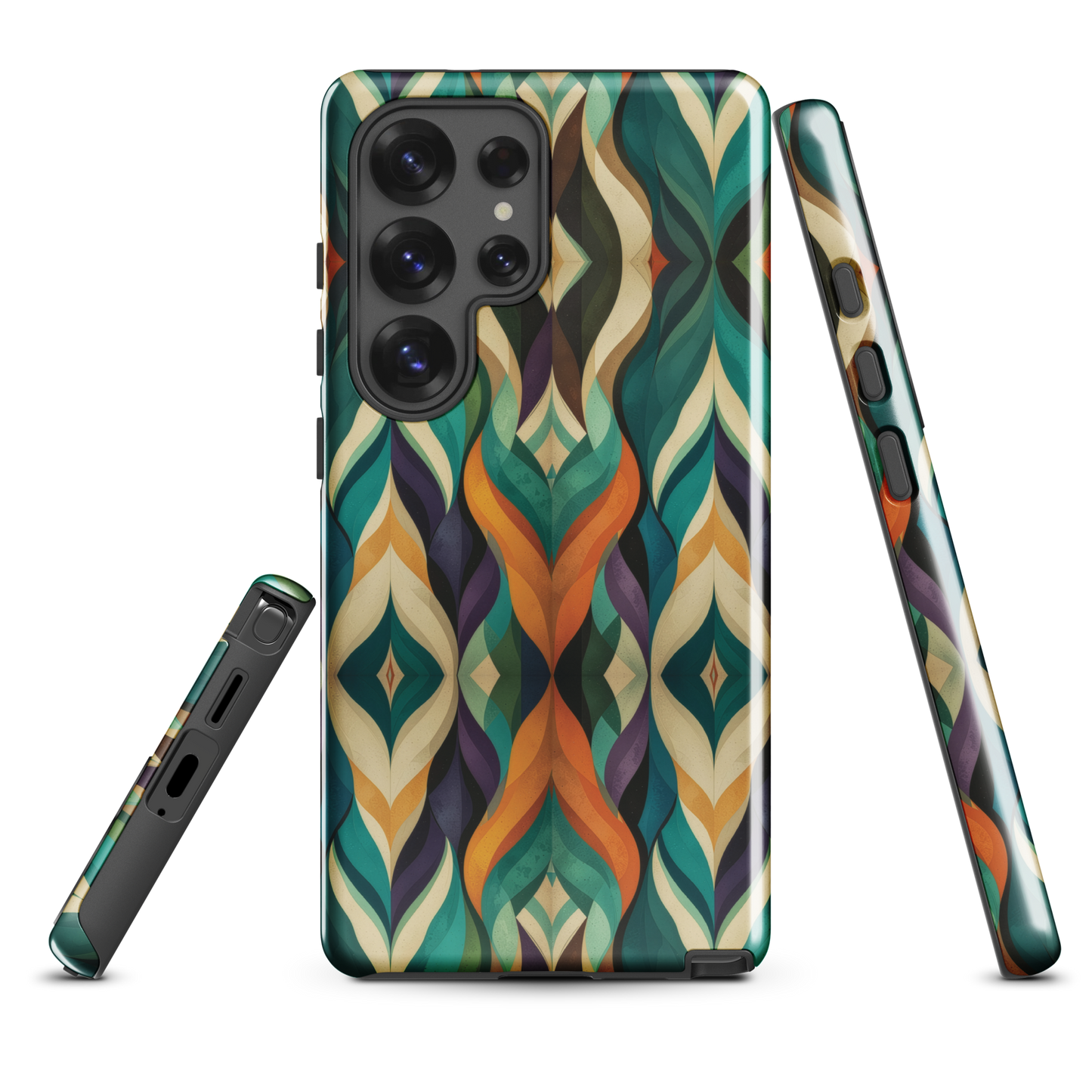 A bold geometric phone case featuring layered shapes in rich, earthy tones.