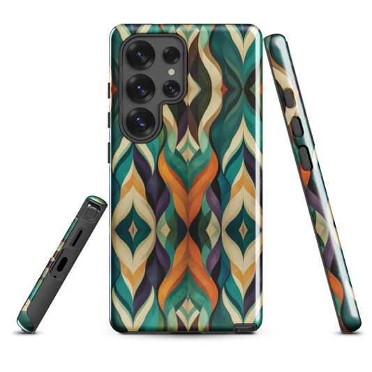 A bold geometric phone case featuring layered shapes in rich, earthy tones.