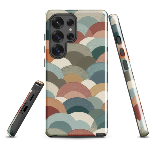 A soft retro-inspired phone case featuring layered arc shapes in warm, earthy tones.