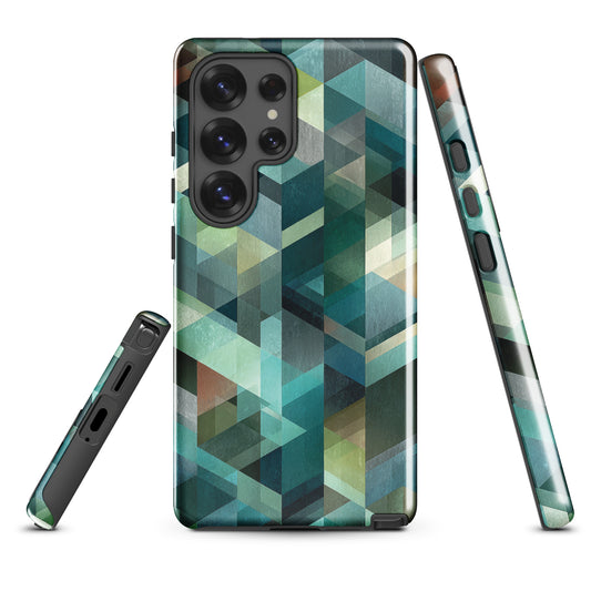 Modern abstract geometric phone case in teal and blue tones with layered retro-inspired shapes.
