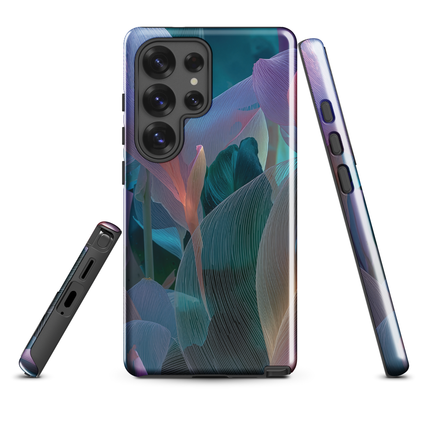 Ethereal abstract floral designer phone case in pastel pink, lilac and teal tones
