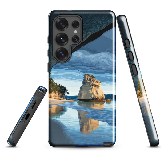 Artistic Cathedral Cove coastal designer phone case with arch rock, blue ocean and golden cliffs