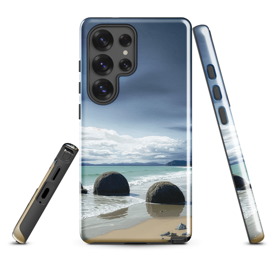 Moeraki Boulders coastal designer phone case with ocean waves and dramatic NZ sky