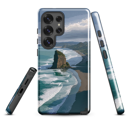 Piha Beach Lion Rock designer phone case with turquoise waves and dramatic NZ coastline