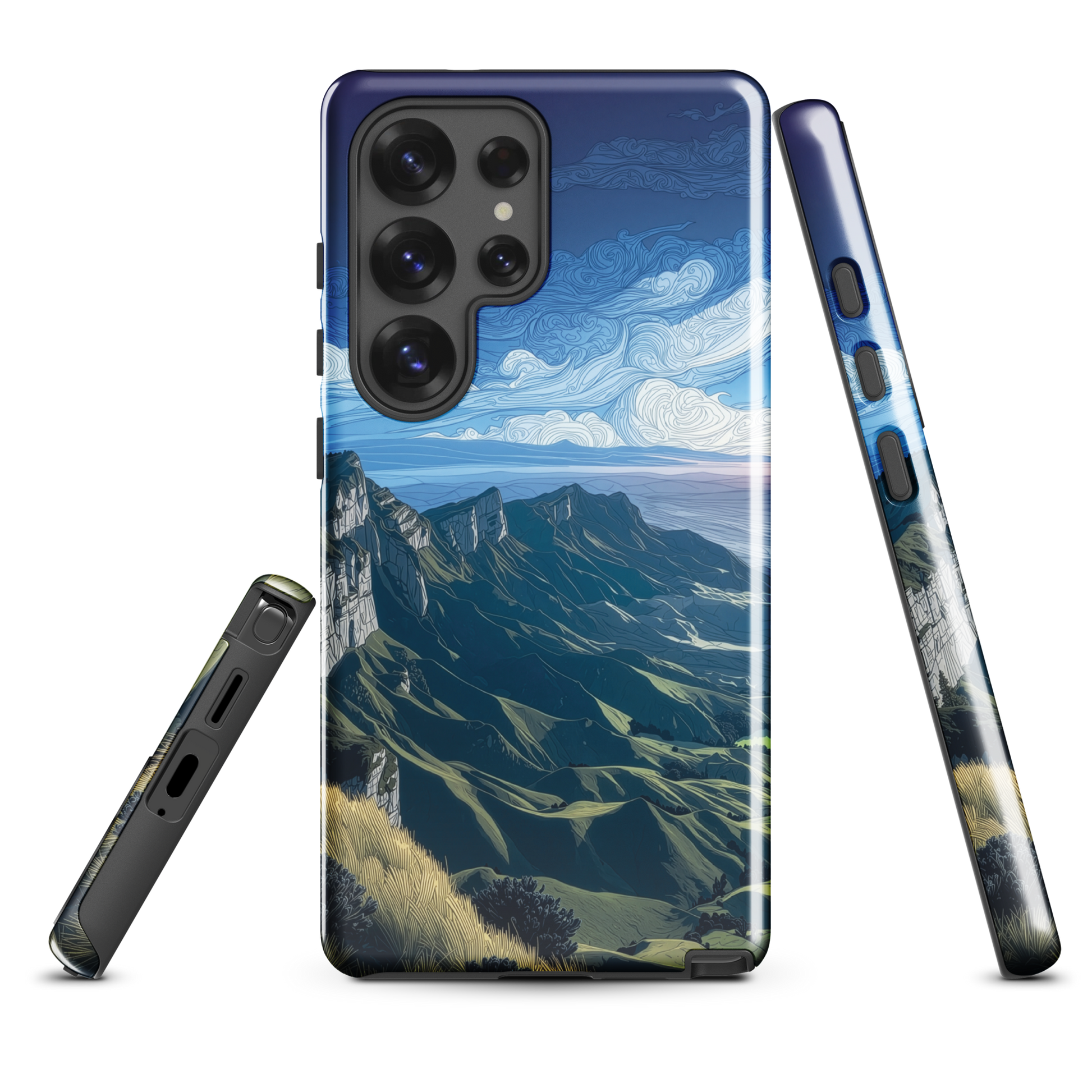 Te Mata Peak designer phone case with Hawke’s Bay cliffs, rolling green hills and dramatic swirling sky