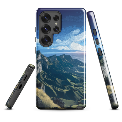 Te Mata Peak designer phone case with Hawke’s Bay cliffs, rolling green hills and dramatic swirling sky