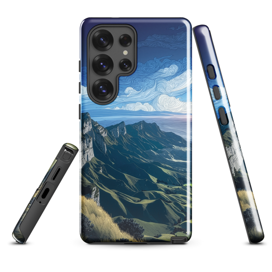 Te Mata Peak designer phone case with Hawke’s Bay cliffs, rolling green hills and dramatic swirling sky