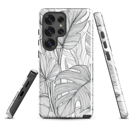 Minimal black and white tropical leaf designer phone case with detailed botanical line art