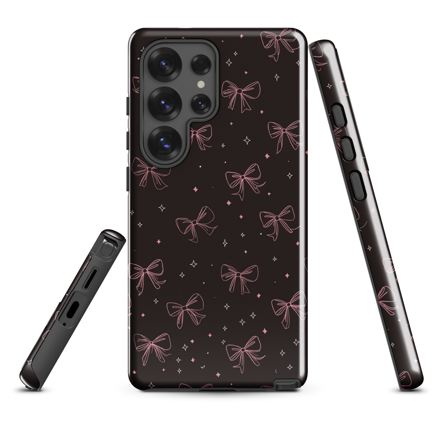 Midnight Bow seamless repeat pattern — pink hand-drawn ribbon bows and sparkle stars on a black background