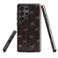 Midnight Bow seamless repeat pattern — pink hand-drawn ribbon bows and sparkle stars on a black background