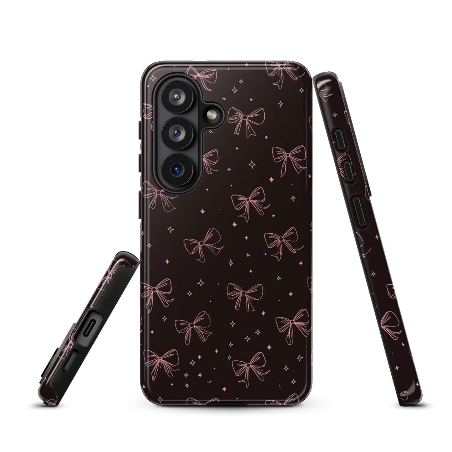 Midnight Bow seamless repeat pattern — pink hand-drawn ribbon bows and sparkle stars on a black background
