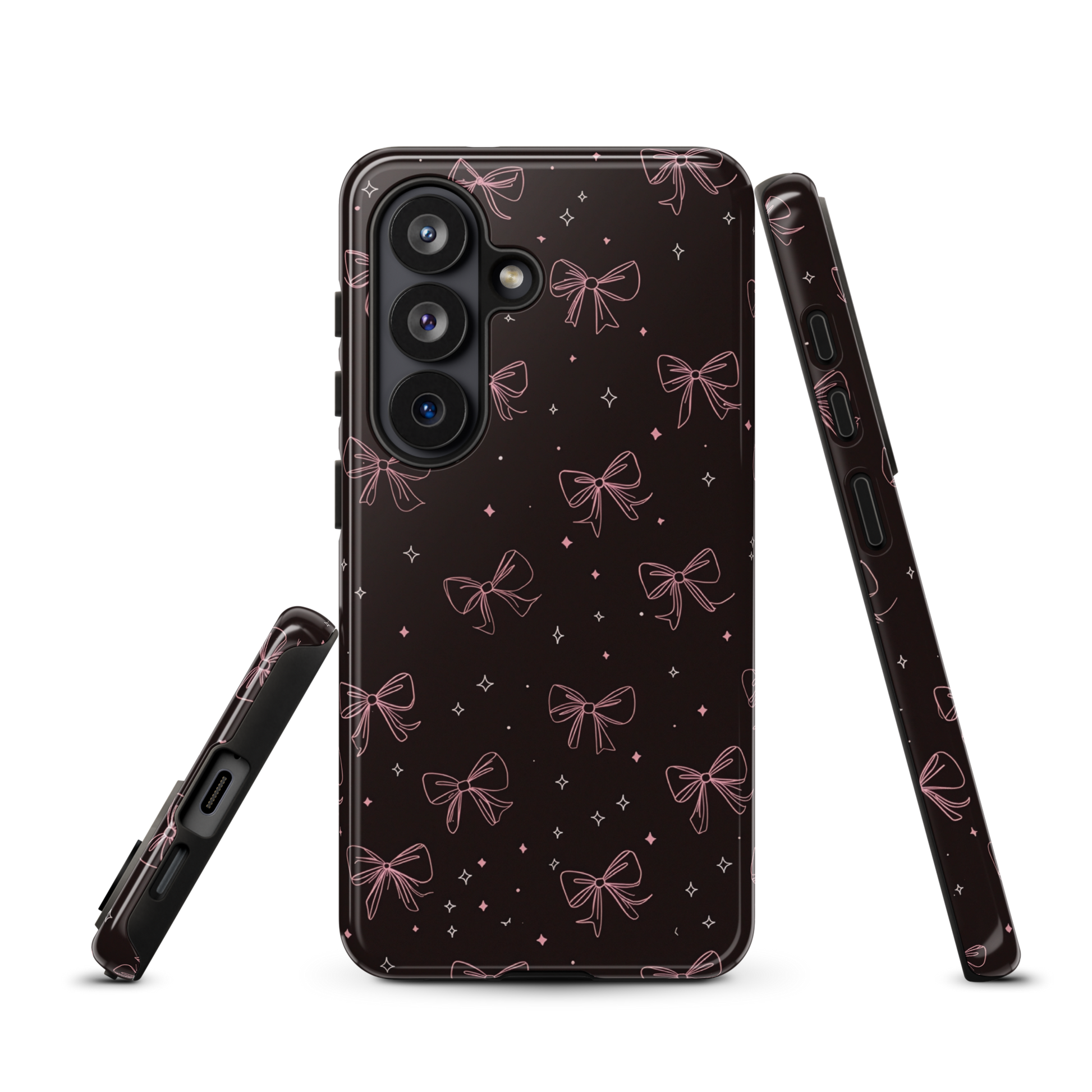Midnight Bow seamless repeat pattern — pink hand-drawn ribbon bows and sparkle stars on a black background