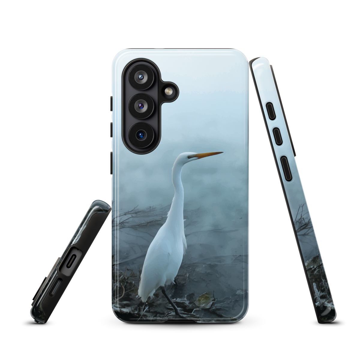 'White Heron in the mist' Samsung Galaxy S26 tough phone case - protective glossy case NZ Australia