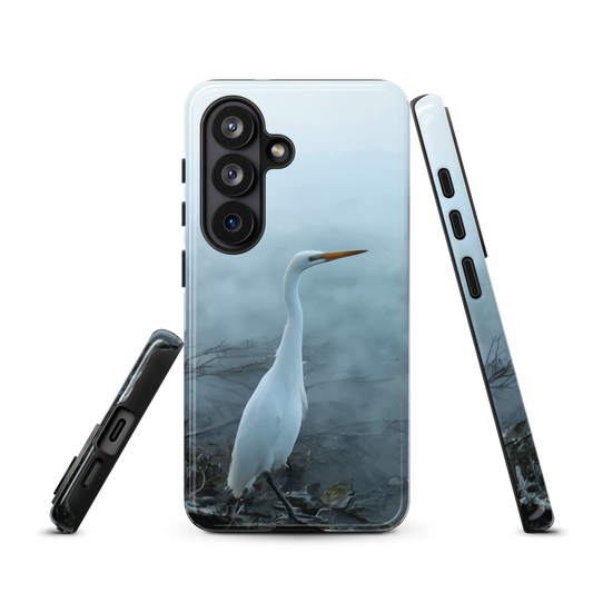 'White Heron in the mist' Samsung Galaxy S26 tough phone case - protective glossy case NZ Australia