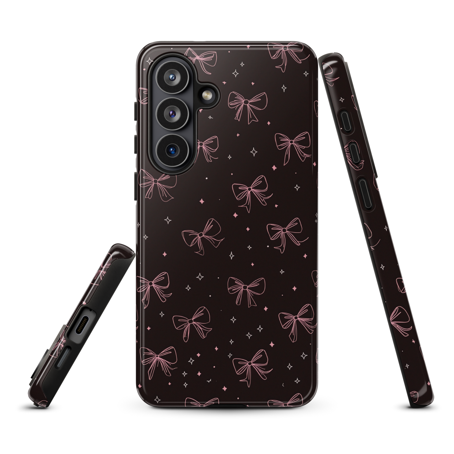 Midnight Bow seamless repeat pattern — pink hand-drawn ribbon bows and sparkle stars on a black background