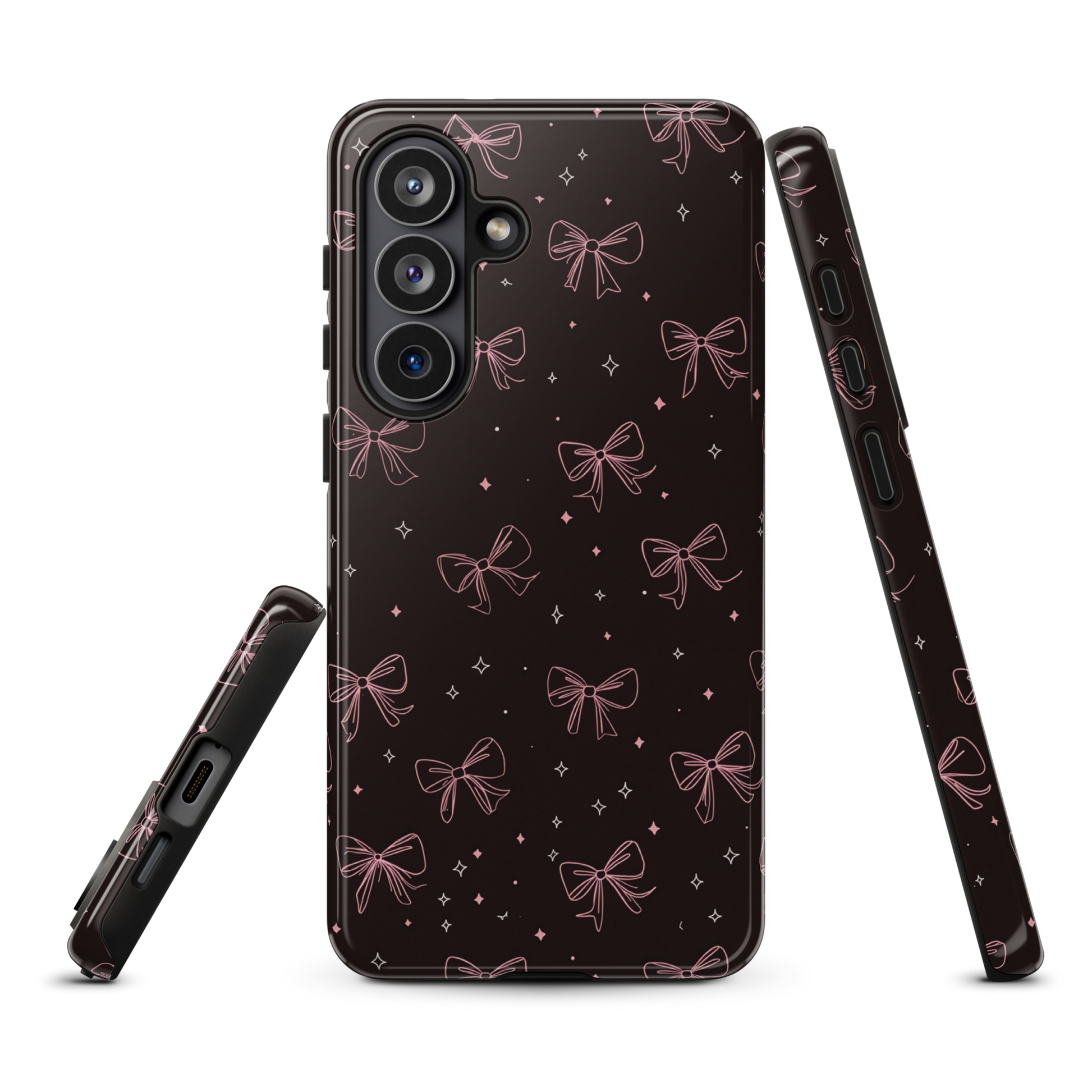 Midnight Bow seamless repeat pattern — pink hand-drawn ribbon bows and sparkle stars on a black background