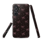 Midnight Bow seamless repeat pattern — pink hand-drawn ribbon bows and sparkle stars on a black background