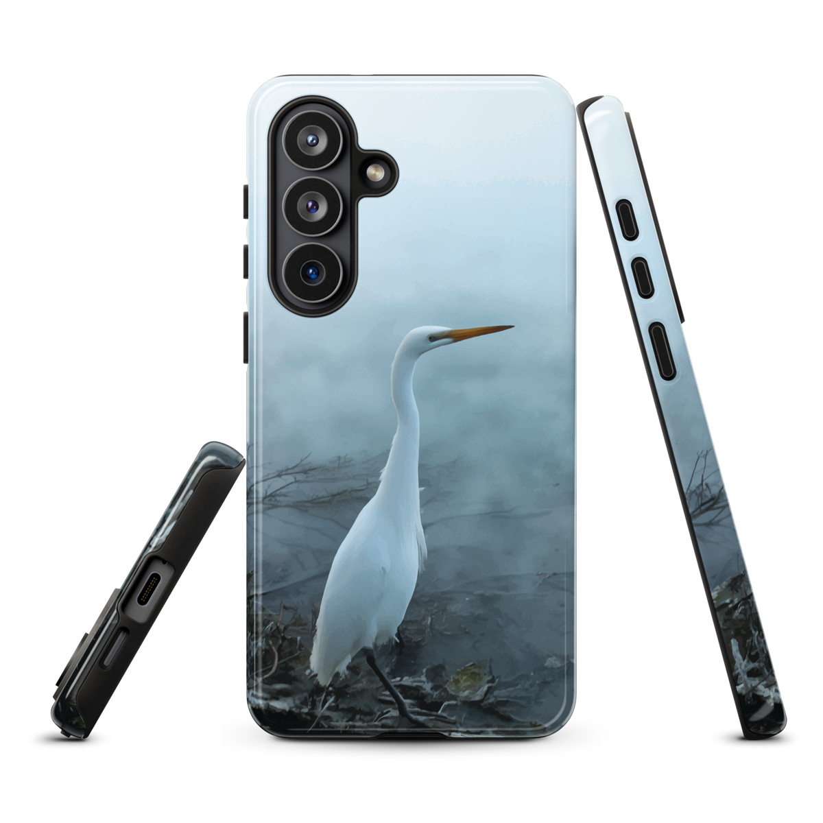 'White Heron in the mist' Samsung Galaxy S26 Plus tough phone case - protective glossy case NZ Australia