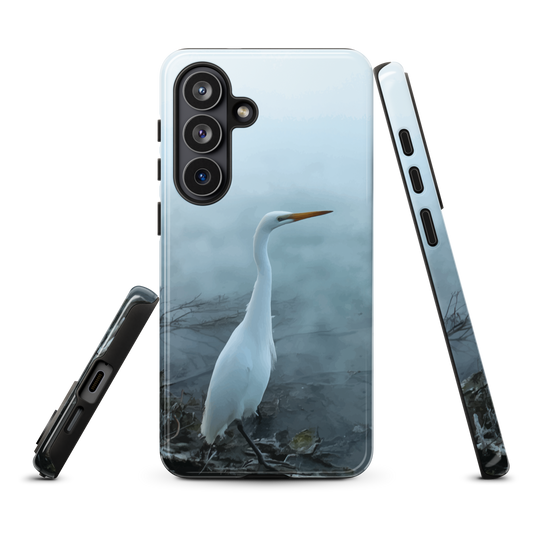 'White Heron in the mist' Samsung Galaxy S26 Plus tough phone case - protective glossy case NZ Australia