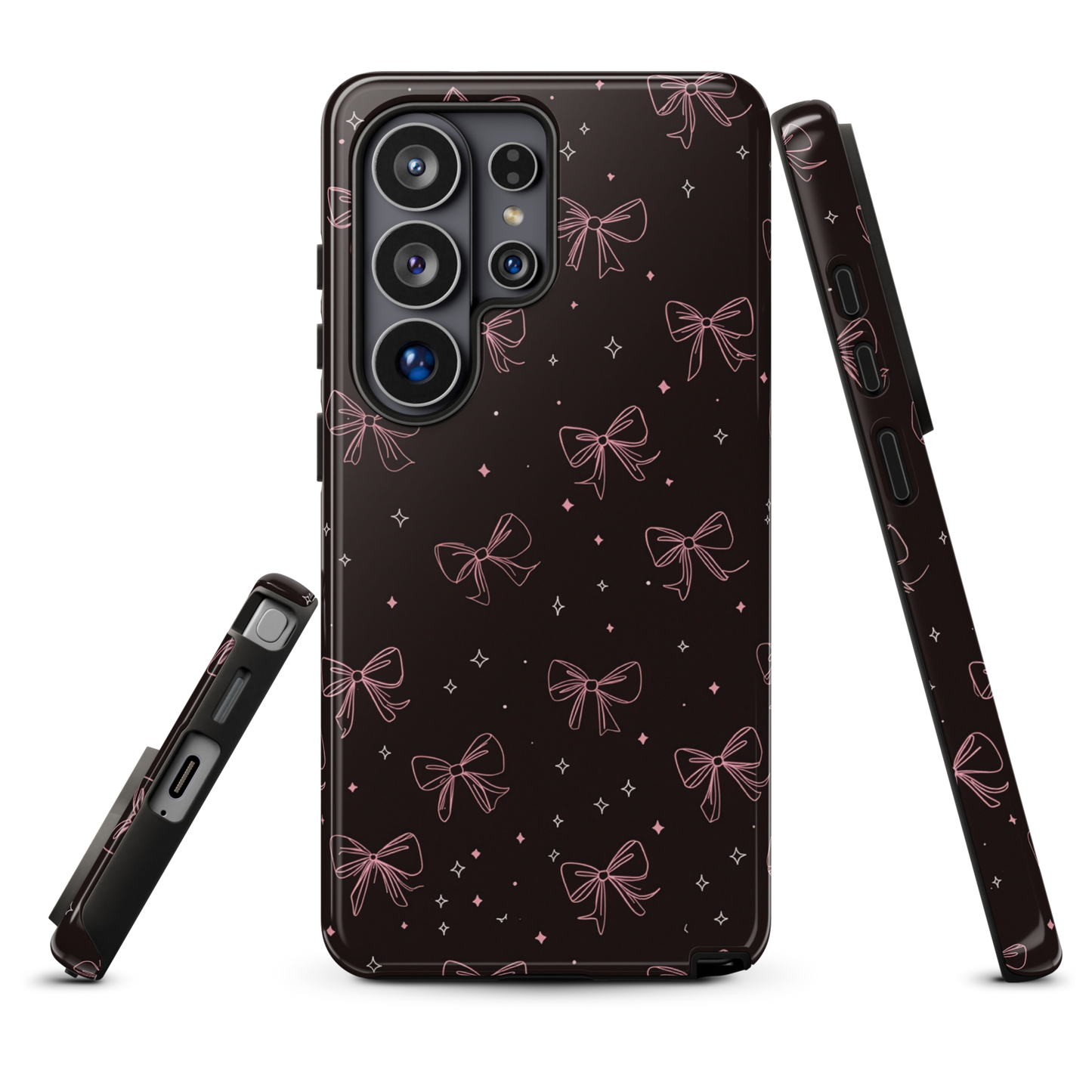 Midnight Bow seamless repeat pattern — pink hand-drawn ribbon bows and sparkle stars on a black background