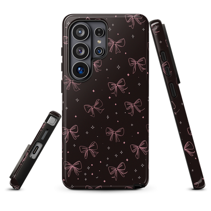 Midnight Bow seamless repeat pattern — pink hand-drawn ribbon bows and sparkle stars on a black background