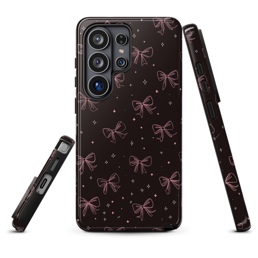 Midnight Bow seamless repeat pattern — pink hand-drawn ribbon bows and sparkle stars on a black background