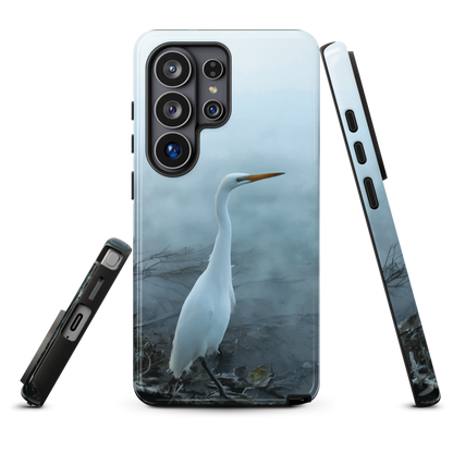 'White Heron in the mist' Samsung Galaxy S26 Ultra tough phone case - protective glossy case NZ Australia
